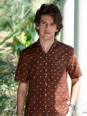 Pali Brown Wood Chips Cuban Collar Handwoven Ikat Shirt/22827